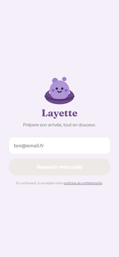 L’écran d’accueil de l’application Layette